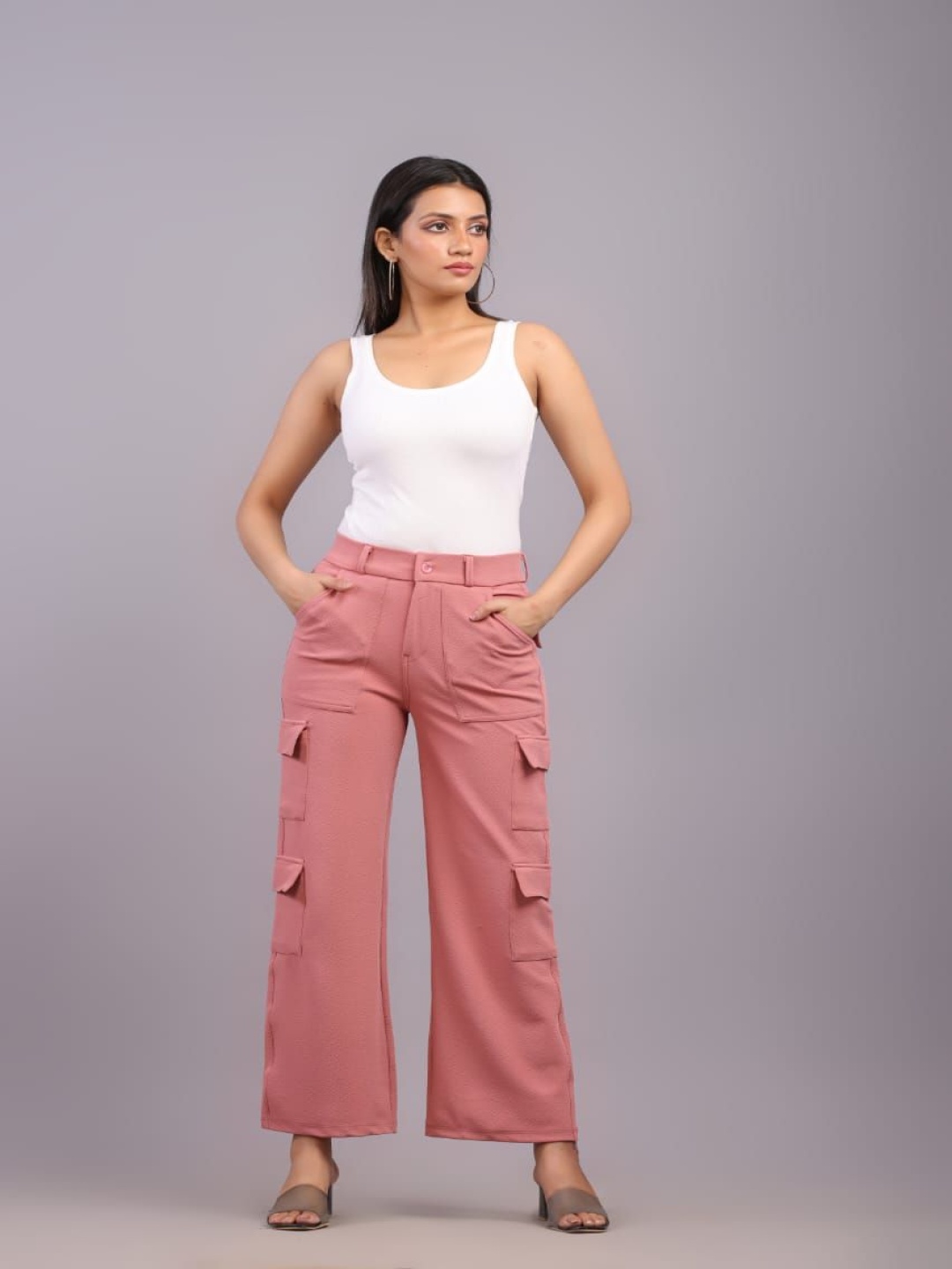 

HIGH BUY Women Comfort High-Rise Relaxed Fit Cotton Cargos, Pink