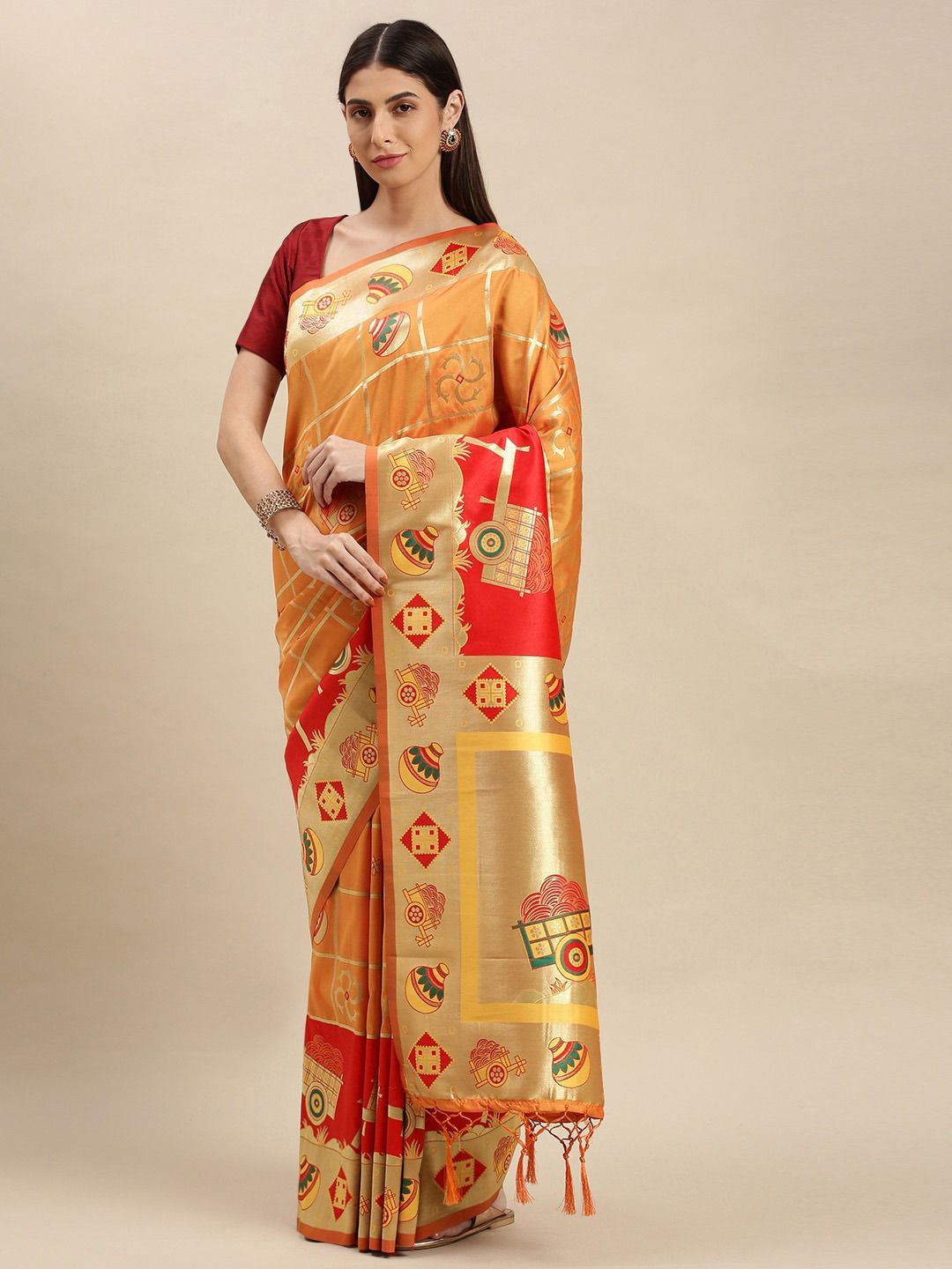 

flaher Ethnic Motifs Zari Art Silk Banarasi Saree, Mustard