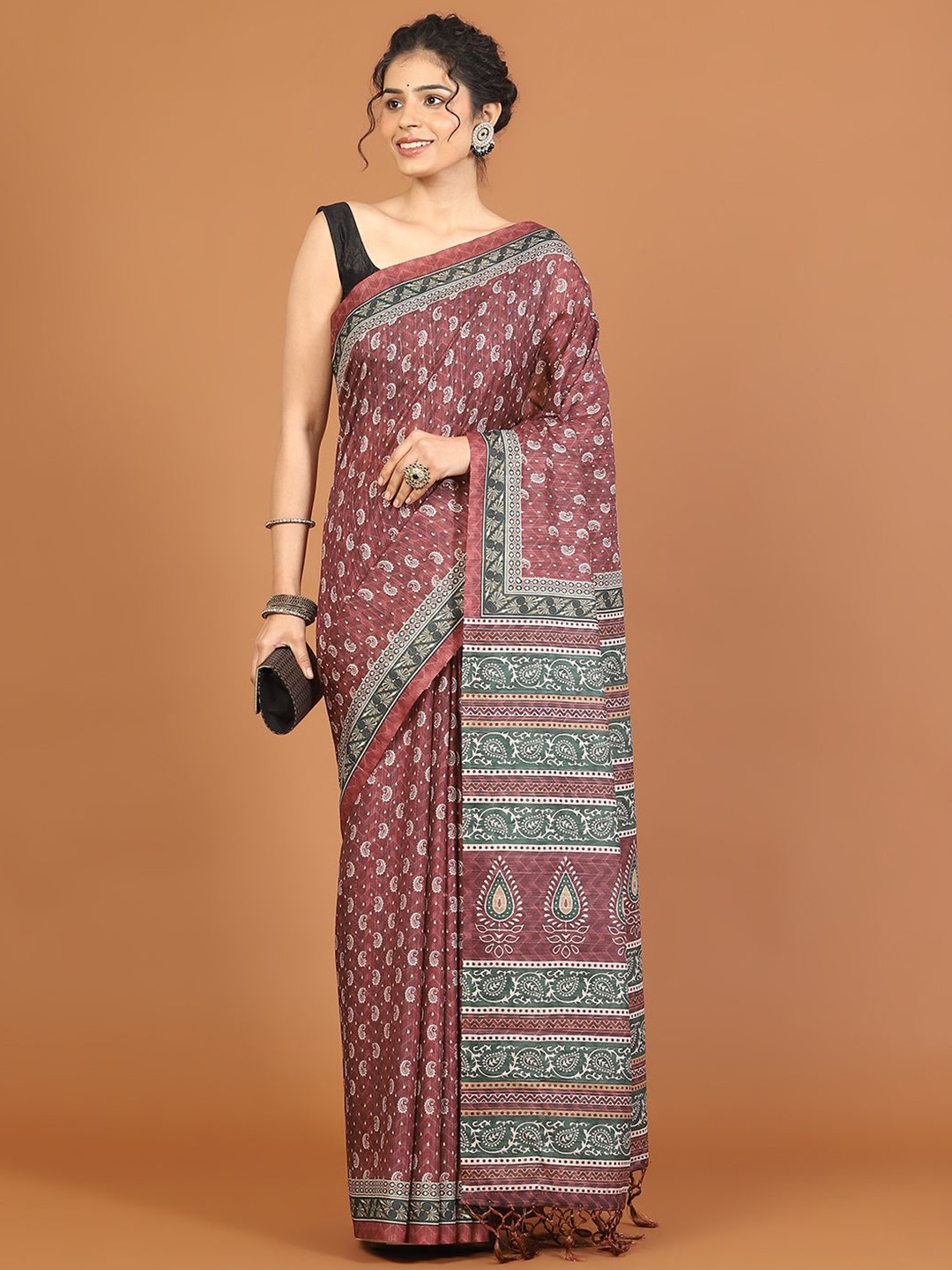 

Meena Bazaar Paisley Art Silk Tussar Saree, Brown