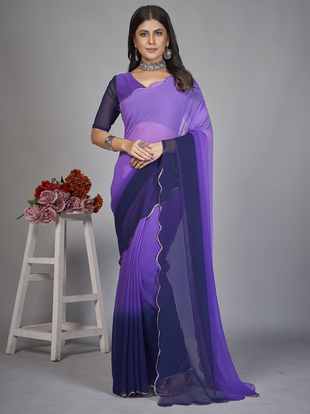 

A TO Z CART Colourblocked Pure Georgette Half and Half Saree, Purple