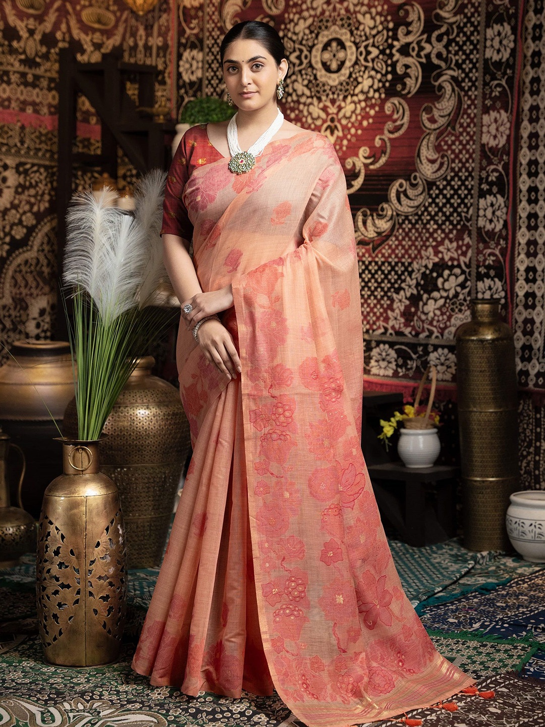 

MAHALASA Ethnic Motifs Pure Cotton Handloom Jamdani Saree, Peach