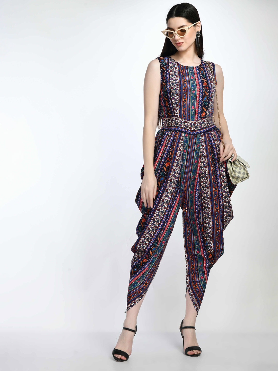 

FLYING FEST Women Printed Sleeveless Basic Jumpsuit, Navy blue