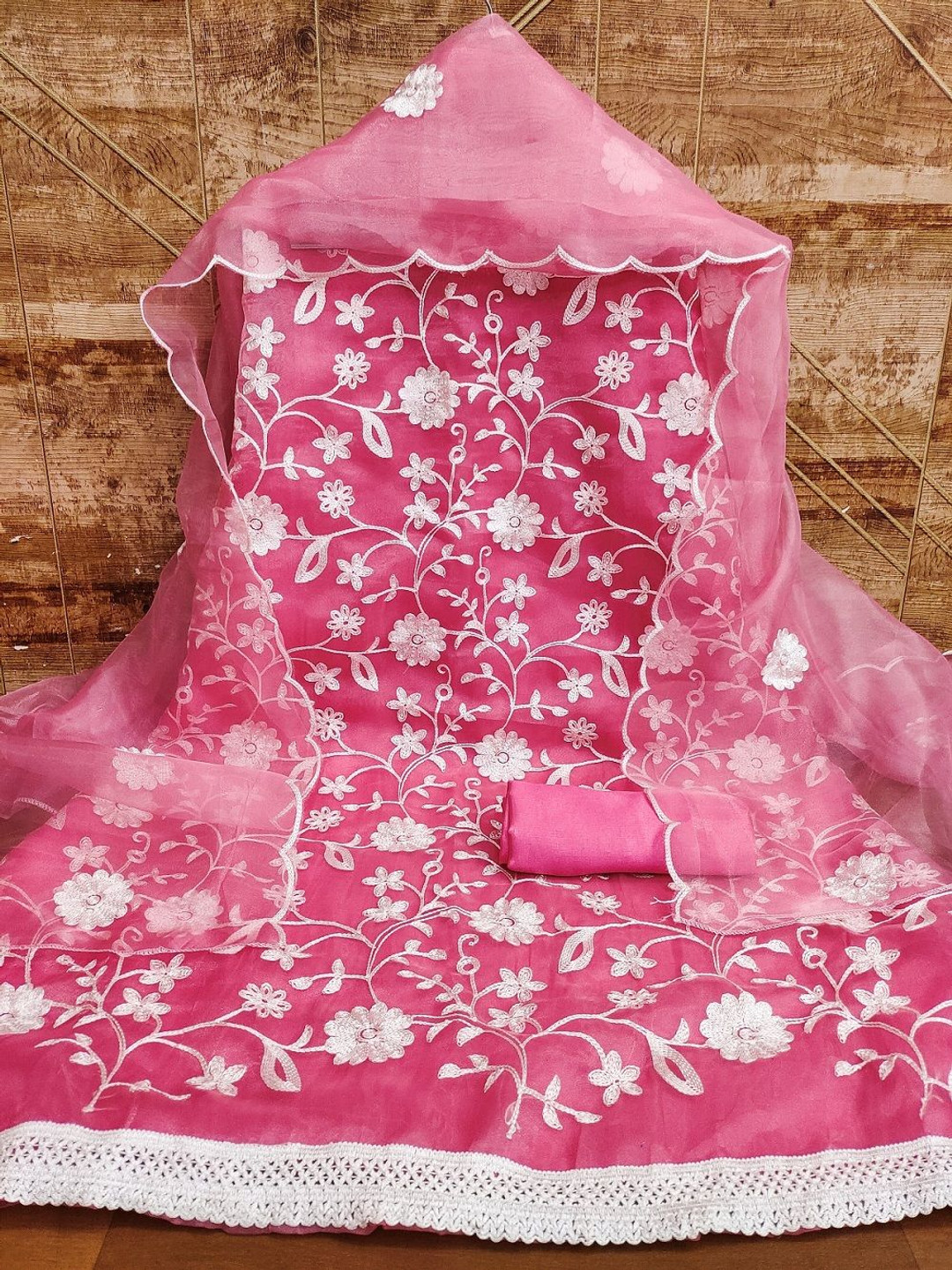 

A TO Z CART Floral Embroidered Organza Unstitched Dress Material, Pink