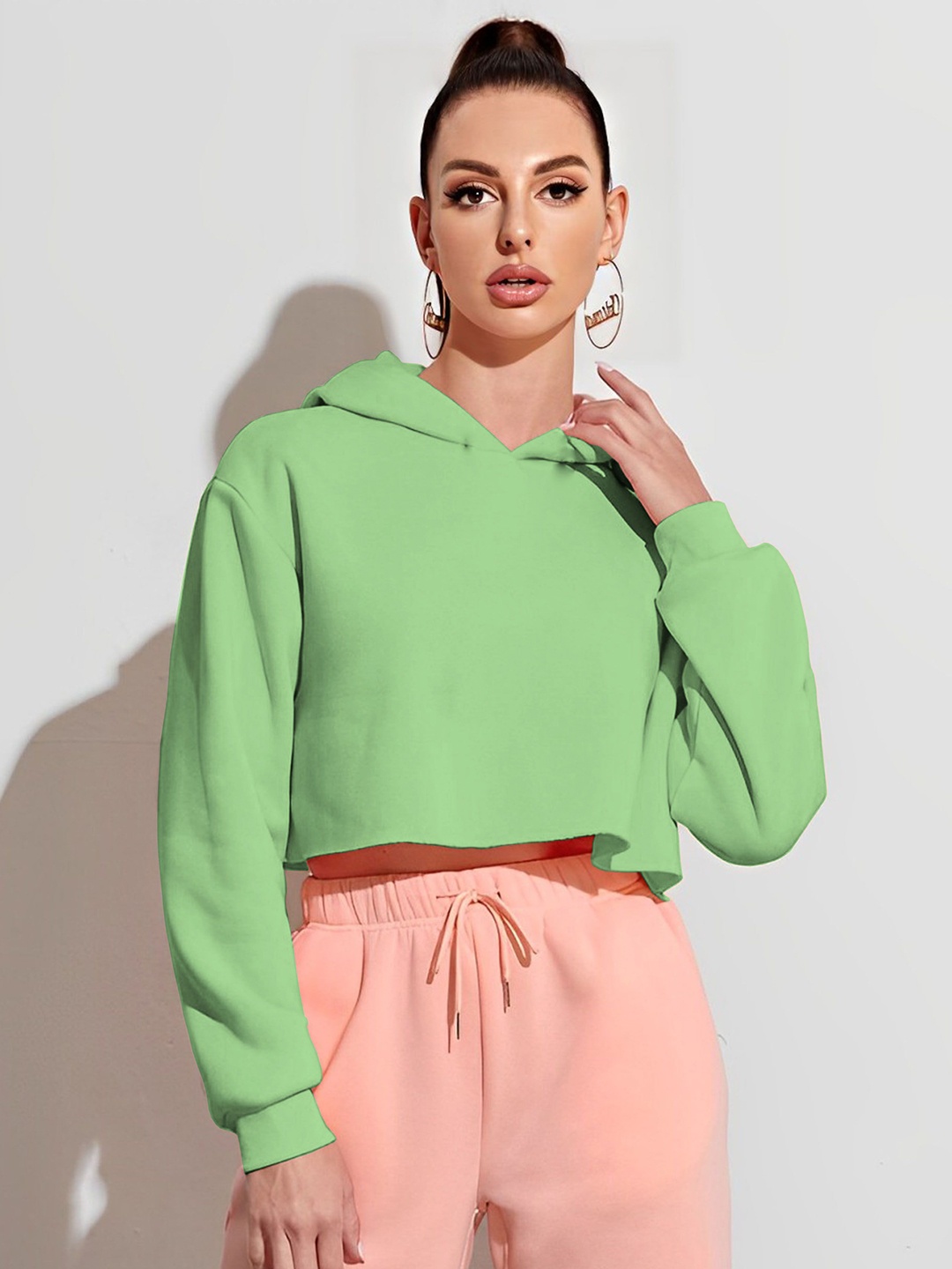 

Kushi Flyer Women Crop Long Sleeves Hooded Pullover Sweatshirt, Green
