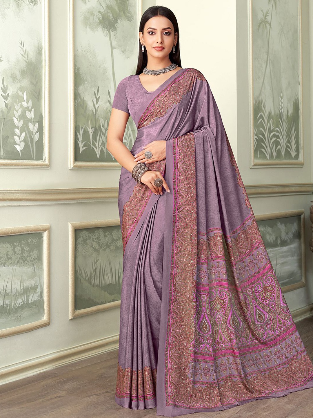 

Mitera Paisley Printed Pure Crepe Saree, Mauve