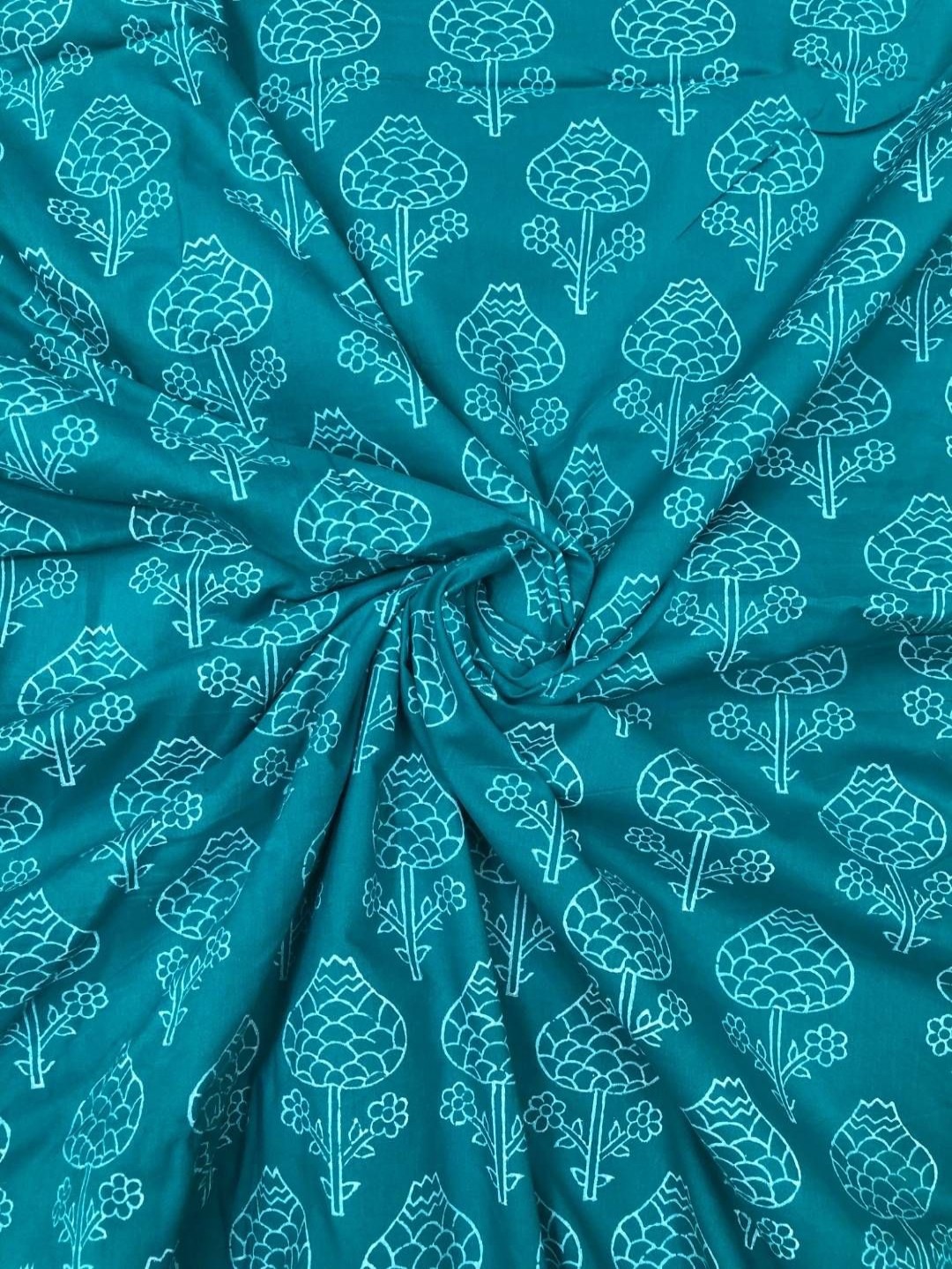 

PALASH Floral Printed Block Technique Pure Cotton Unstitched Dress Material, Turquoise blue