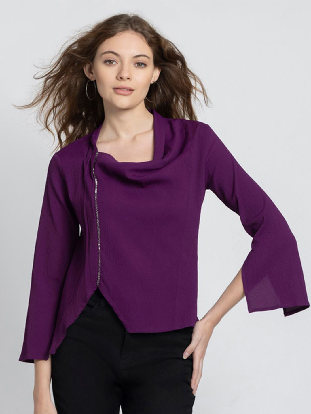 

SHAYE Women Cowl Neck Purple Solid Three-Quarter Sleeves Party Top