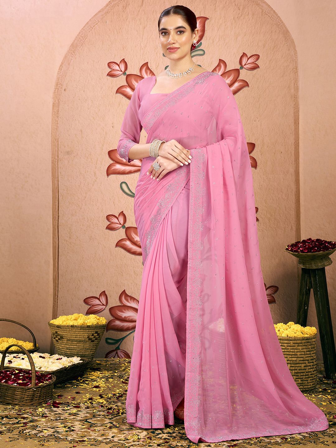 

Mitera Embellished Beads and Stones Pure Georgette Saree, Pink