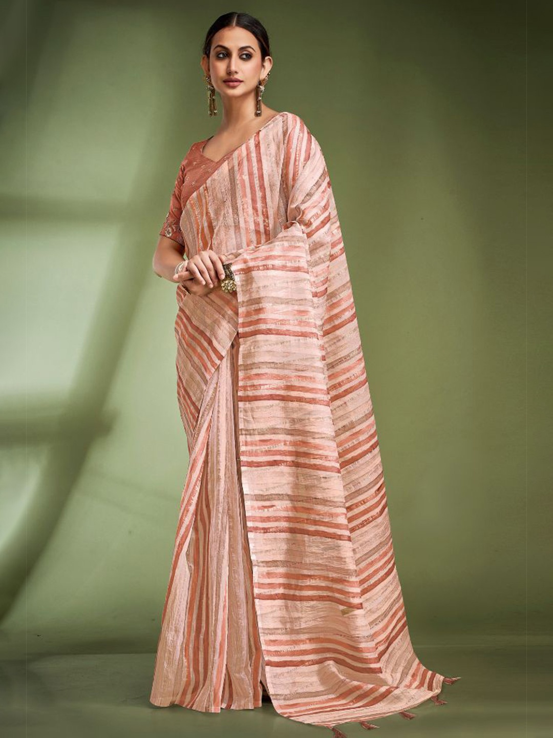 

MySilkLove Striped Tissue Saree, Peach