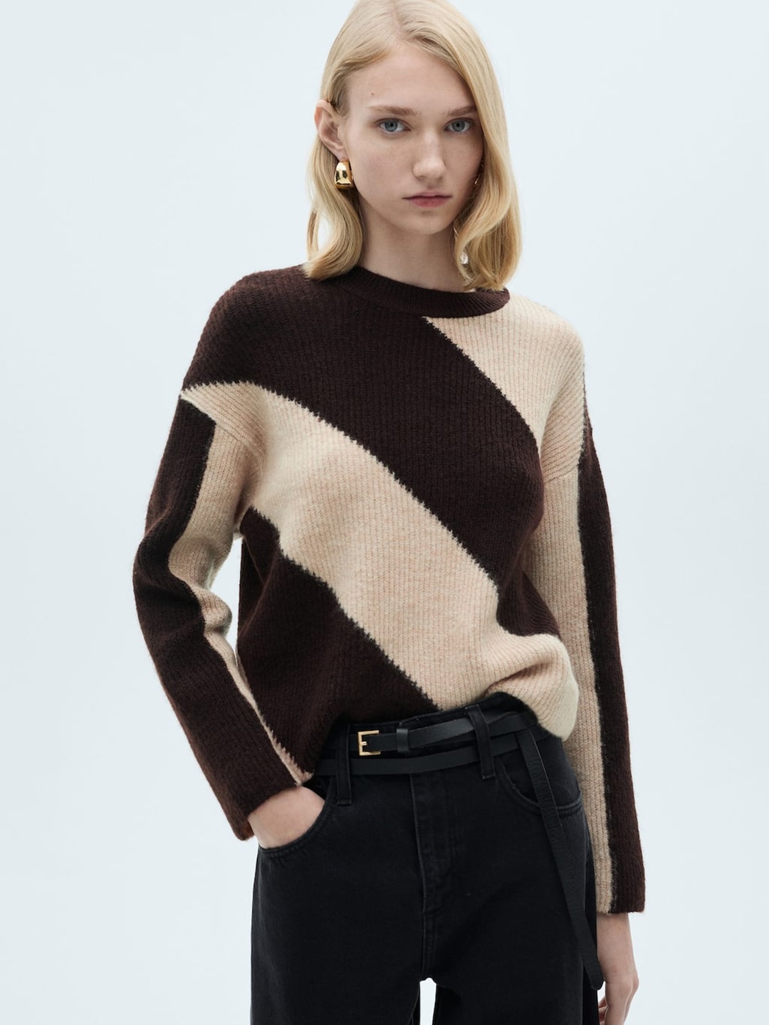 

MANGO Colourblocked Drop-Shoulder Pullover, Brown