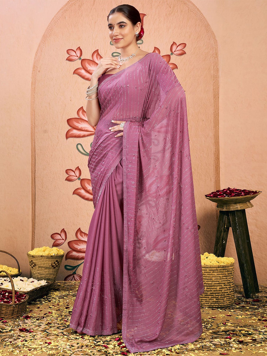 

Mitera Beads and Stones Pure Georgette Saree, Pink