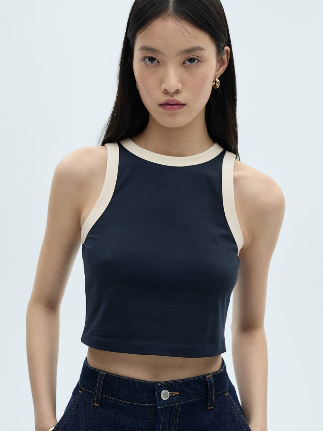 

MANGO Contrast Trims Crop Top, Navy blue