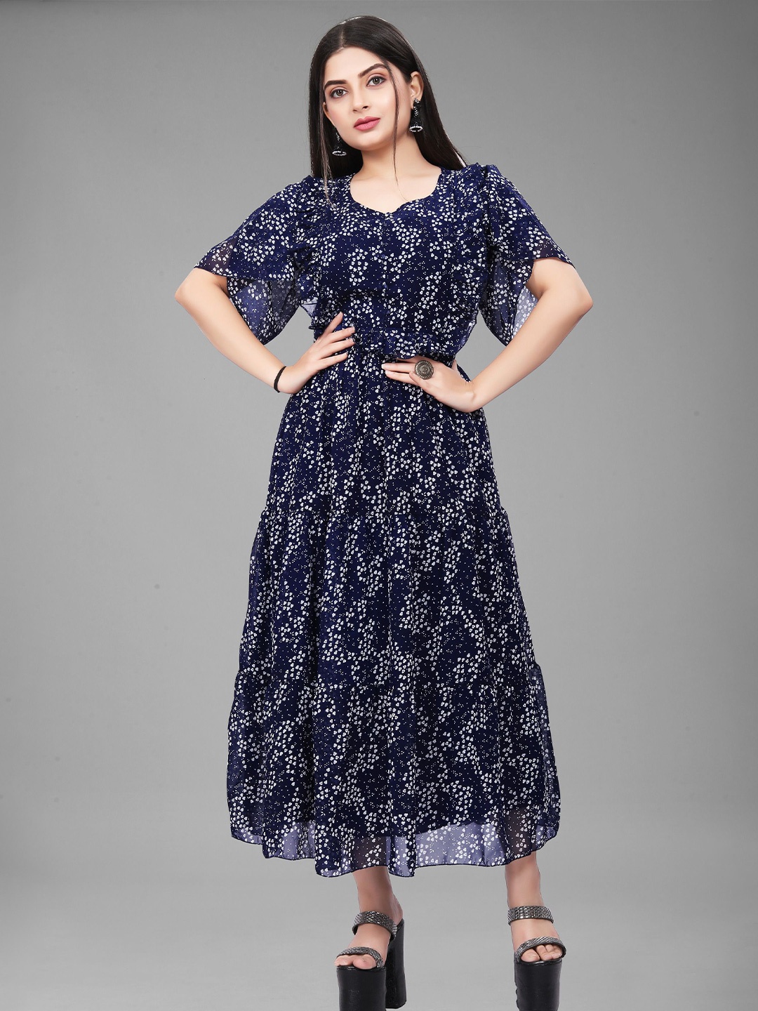 

Eightone Printed Flared Sleeve Georgette Fit and Flare Maxi Dress, Navy blue