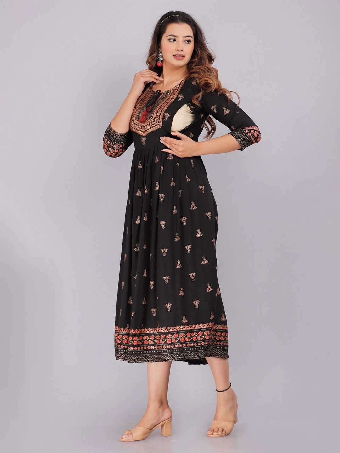 

Vorcia Febtex Printed Fit & Flare Maternity Ethnic Dresses, Black