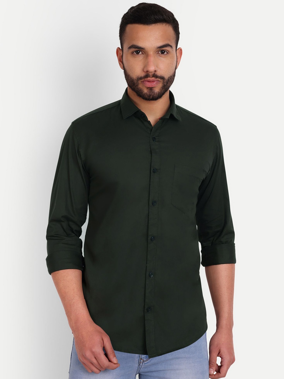 

Mast & Harbour Men India Slim Fit Spread Collar Solid Cotton Casual Shirt, Green