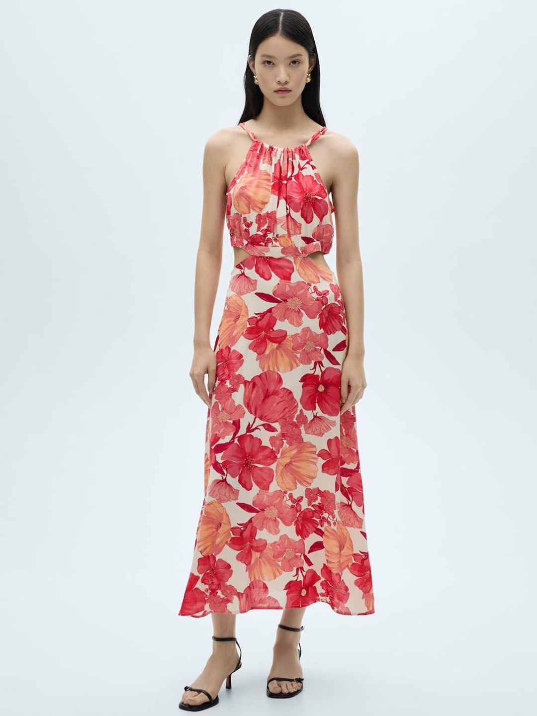 

MANGO Floral Print A-Line Midi Dress, Off white