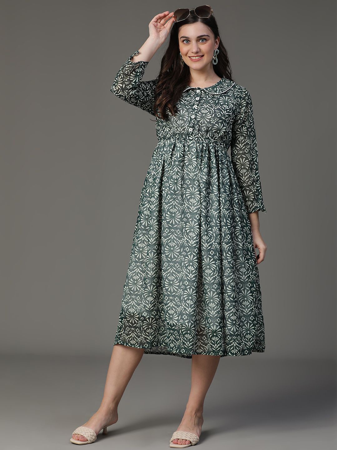 

VEGAL Women Ethnic Motifs Printed Fit & Flare Dress, Green