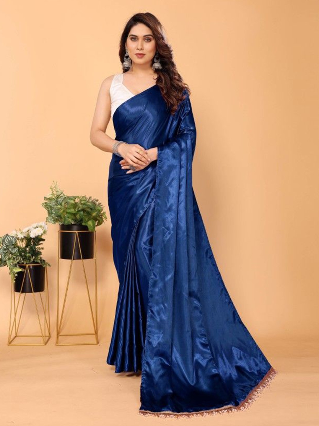 

A TO Z CART Solid Satin Saree, Navy blue