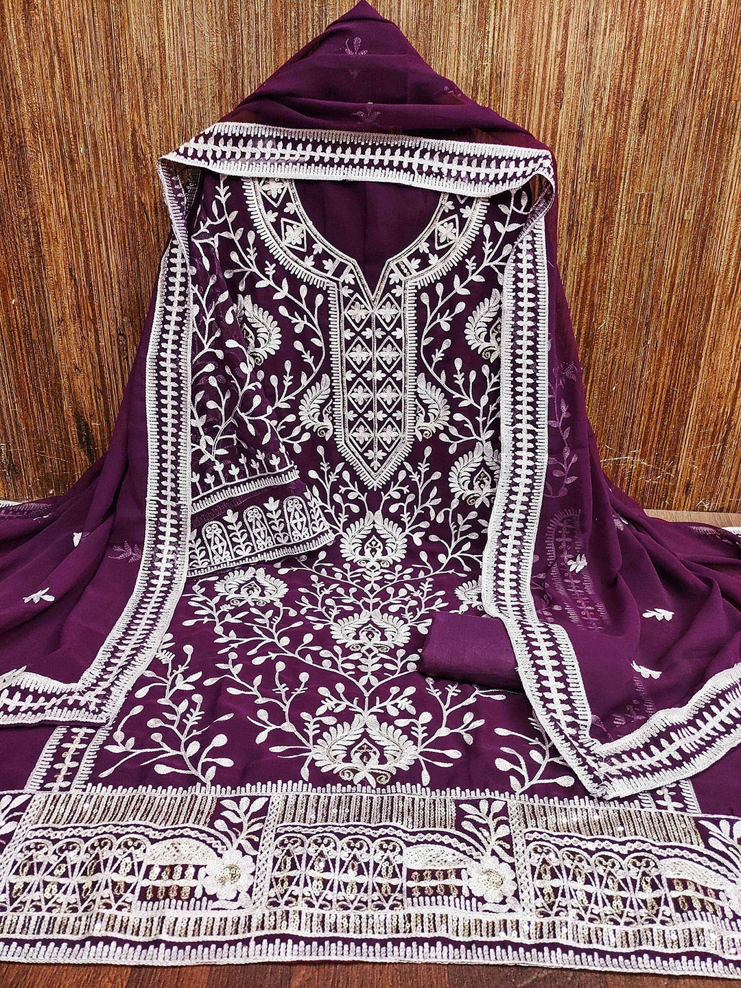 

KALINI Ethnic Motifs Embroidered Sequinned Silk Georgette Unstitched Dress Material, Purple