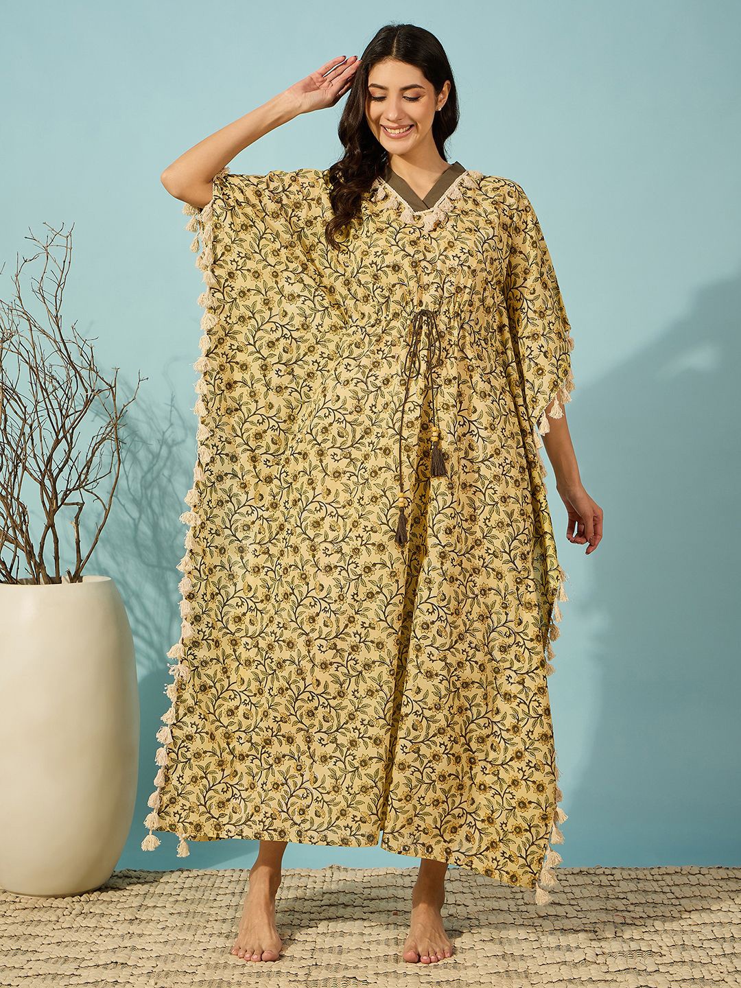 

The Kaftan Company Printed Maxi Pure Cotton Kaftan Nightdress, Yellow