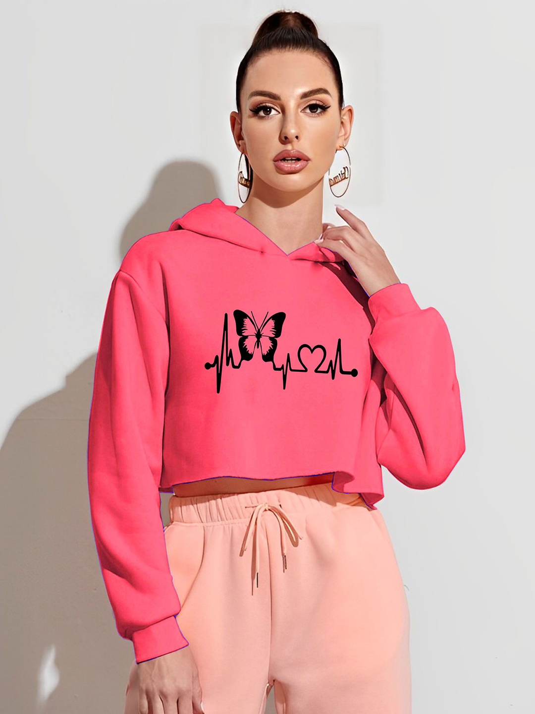 

Kushi Flyer Women Printed Hooded Pullover Crop Sweatshirt, Pink
