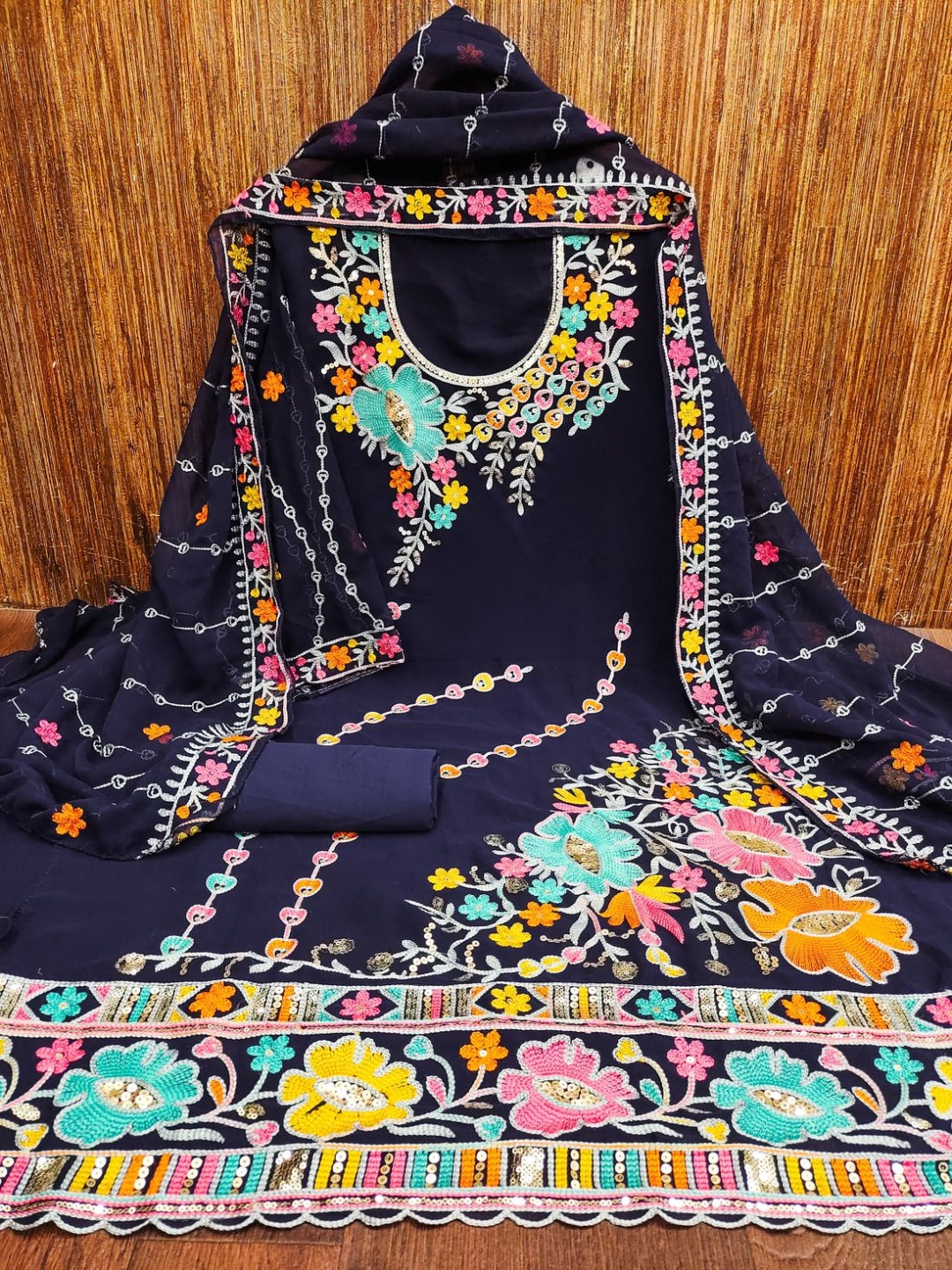 

A TO Z CART Floral Embroidered Sequinned Silk Georgette Unstitched Dress Material, Navy blue