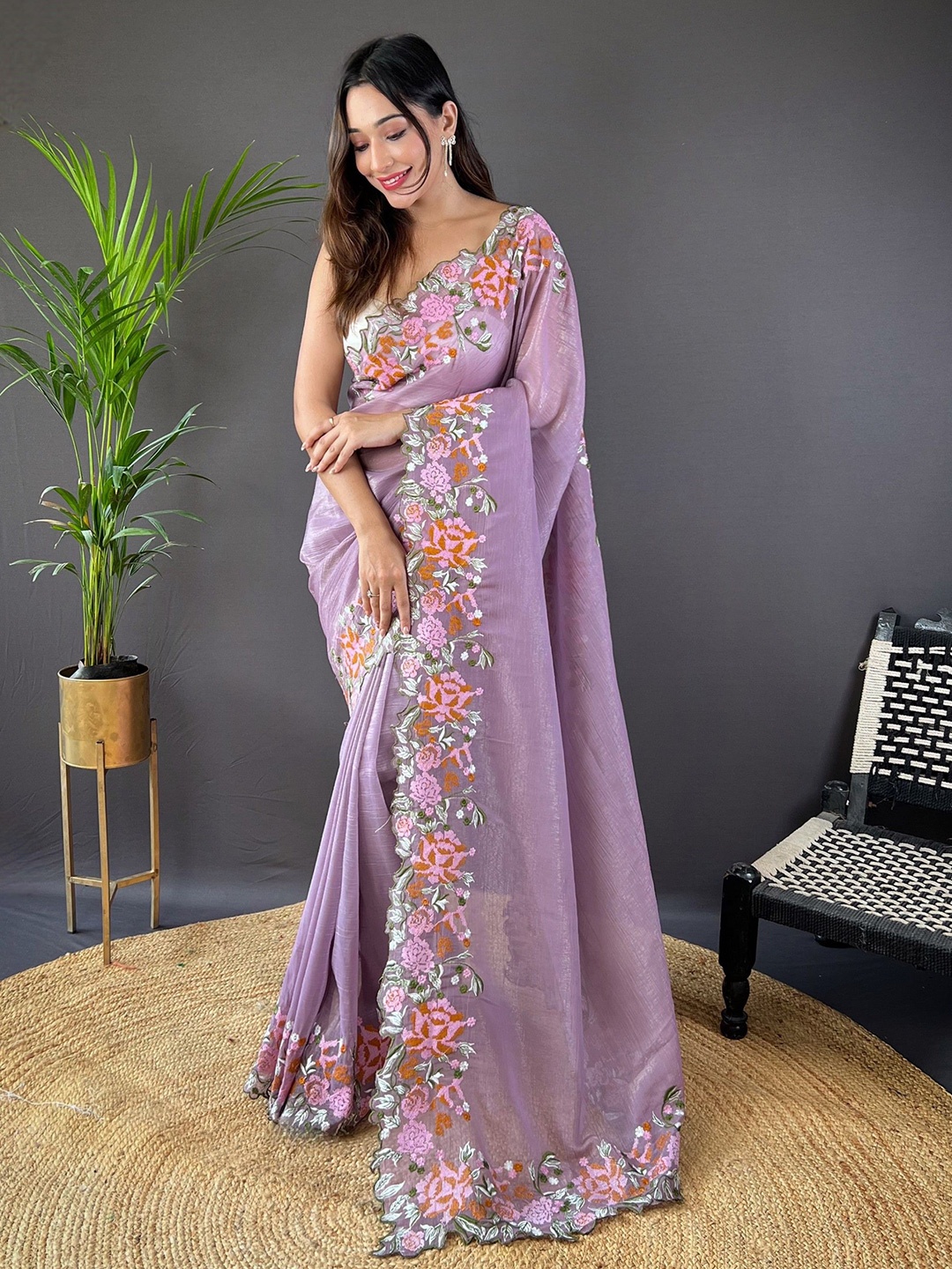 

LeeliPeeri Designer Floral Embroidered Saree, Lavender