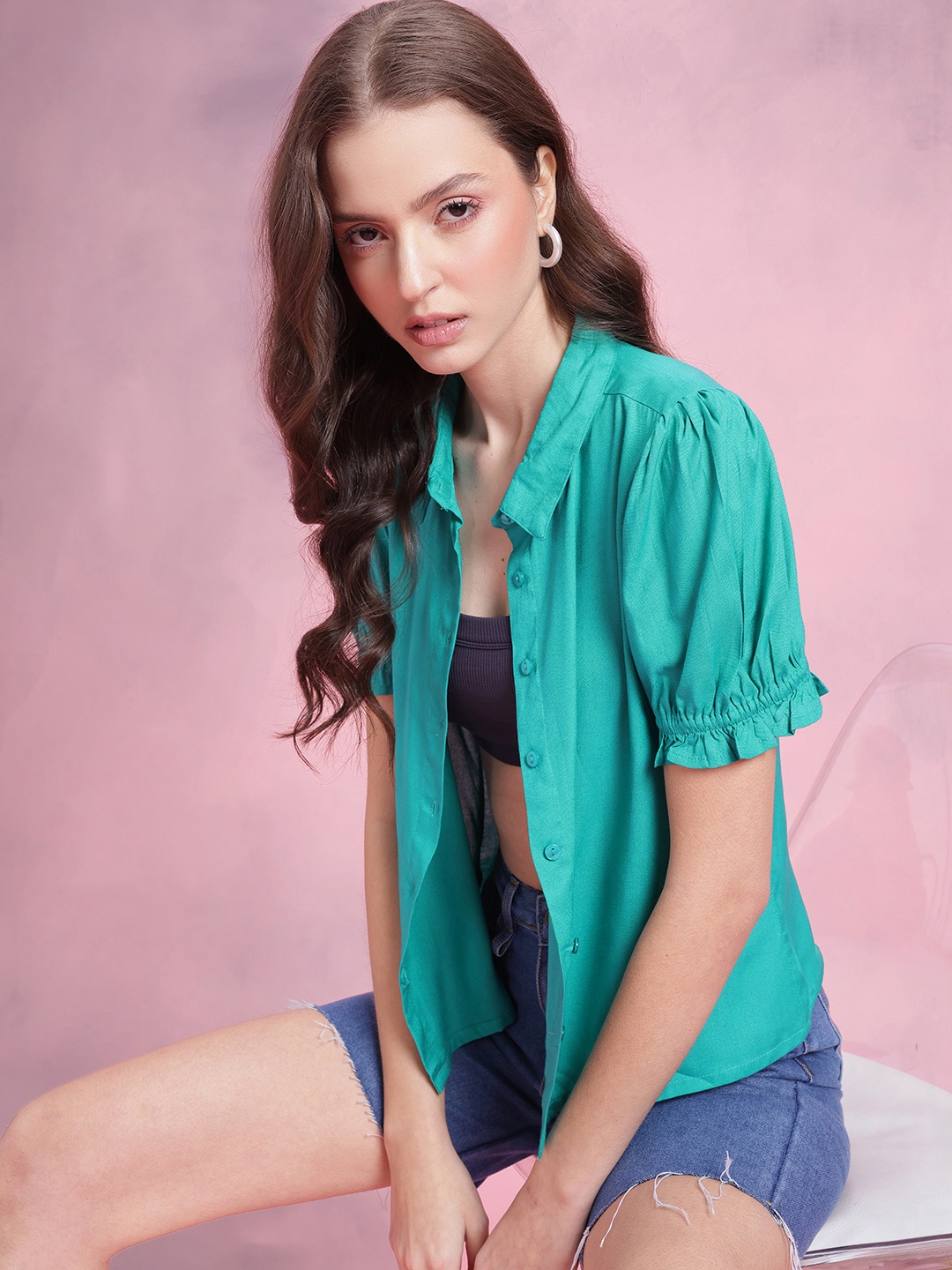 

DressBerry Puff Sleeve Shirt, Turquoise blue