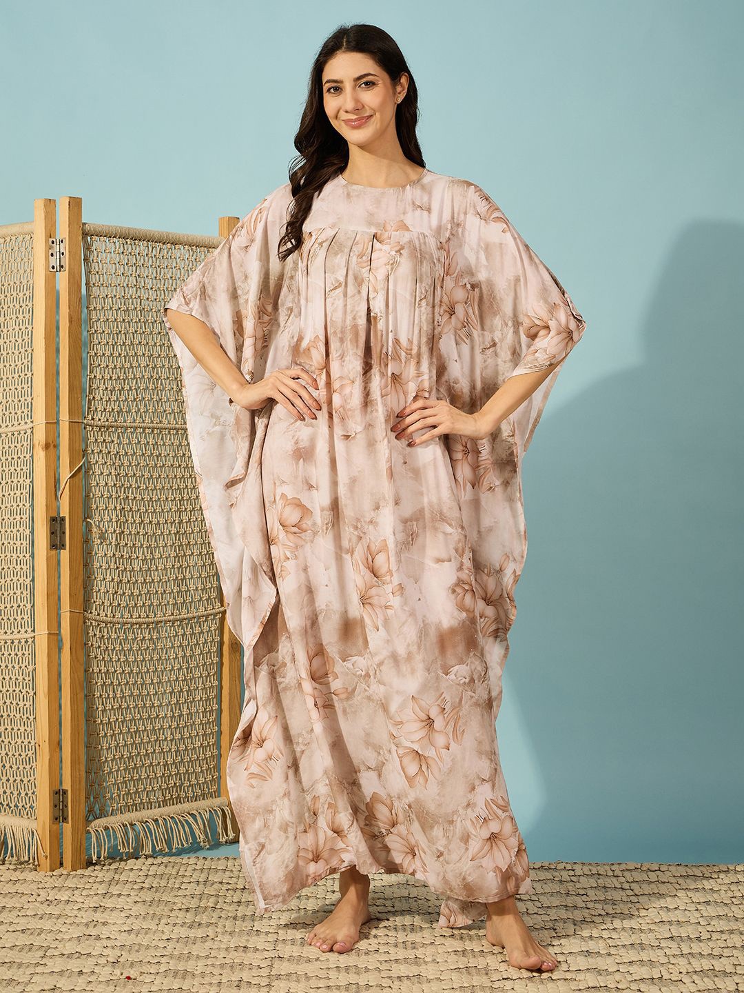 

The Kaftan Company Women Printed Kaftan Maxi Nightdress, Beige