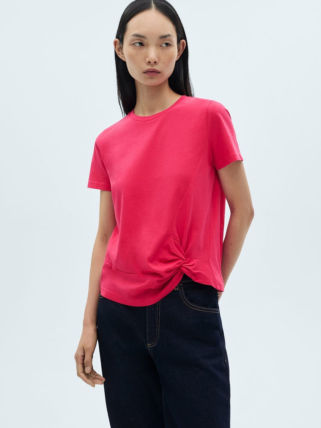 

MANGO Twisted Detail Pure Cotton T-shirt, Pink