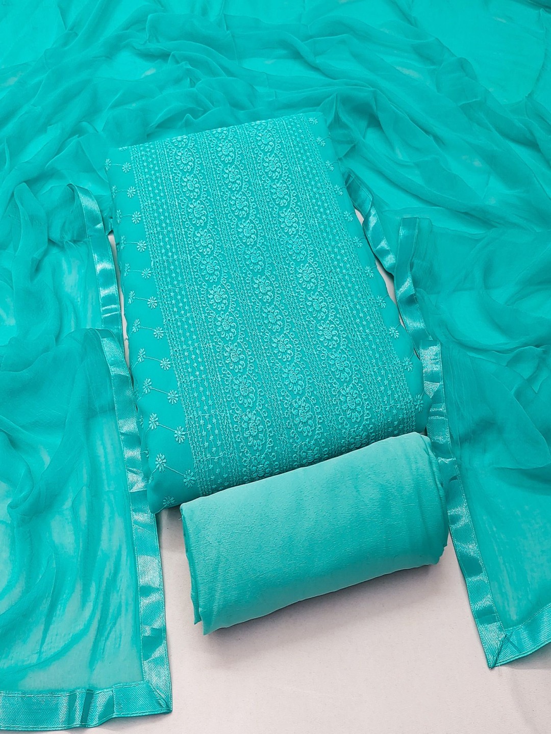 

A TO Z CART Embroidered Silk Georgette Unstitched Dress Material, Turquoise blue