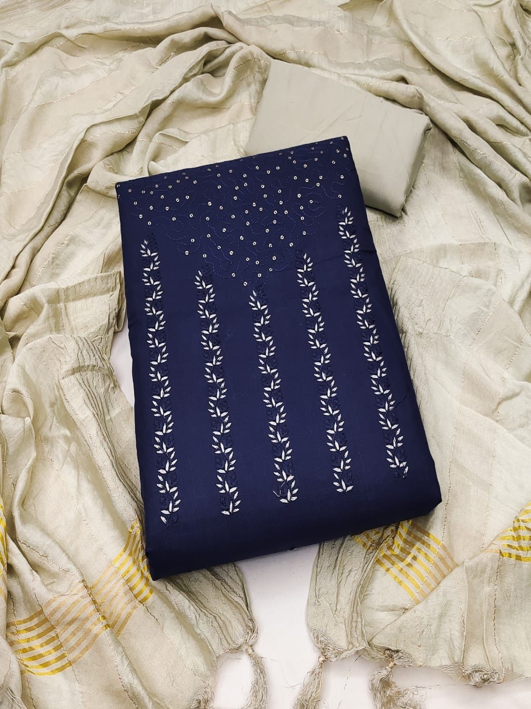 

A TO Z CART Floral Embroidered Sequinned Unstitched Dress Material, Navy blue