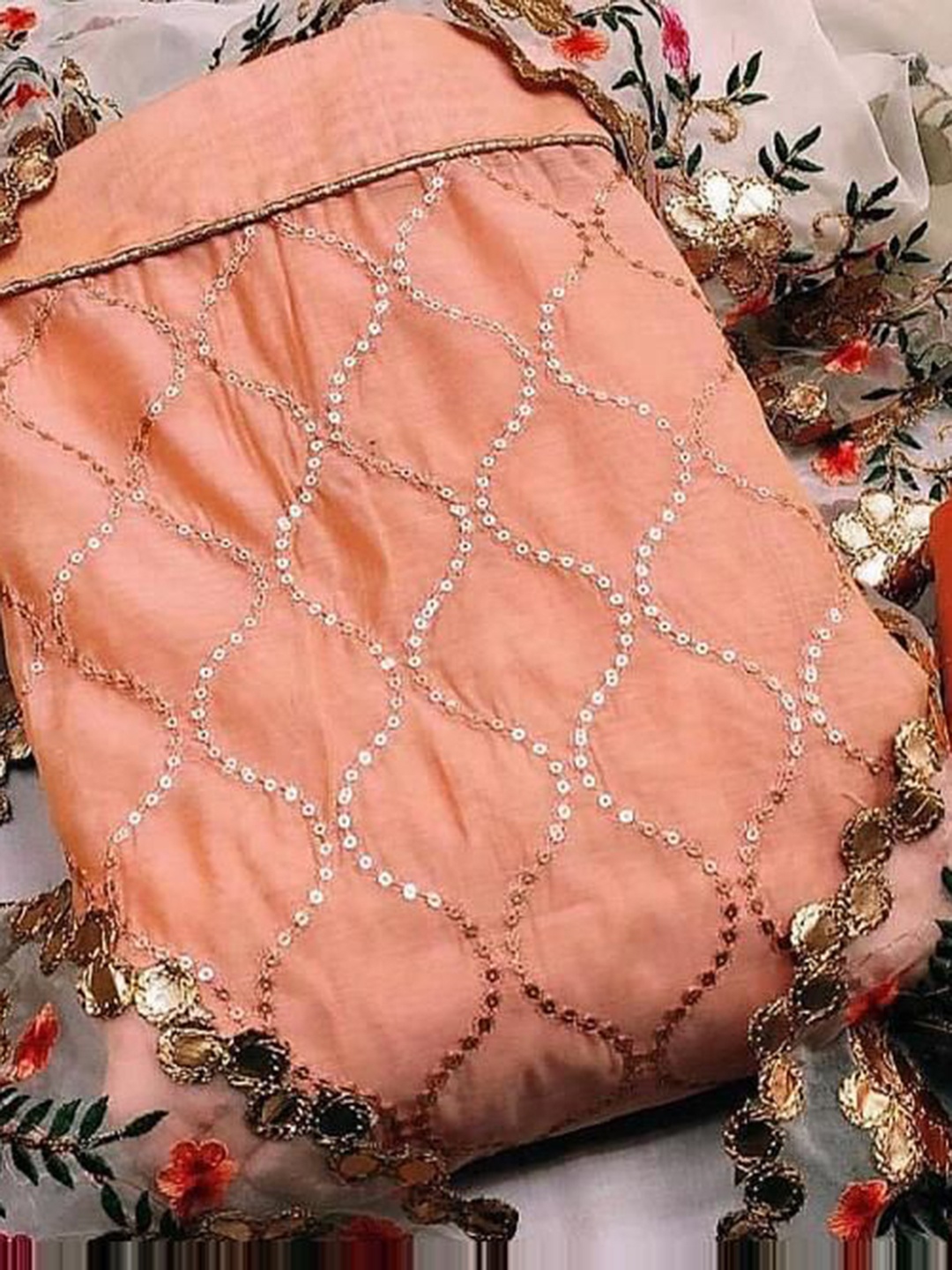 

KALINI Chevron Embroidered Sequinned Pure Silk Unstitched Dress Material, Peach