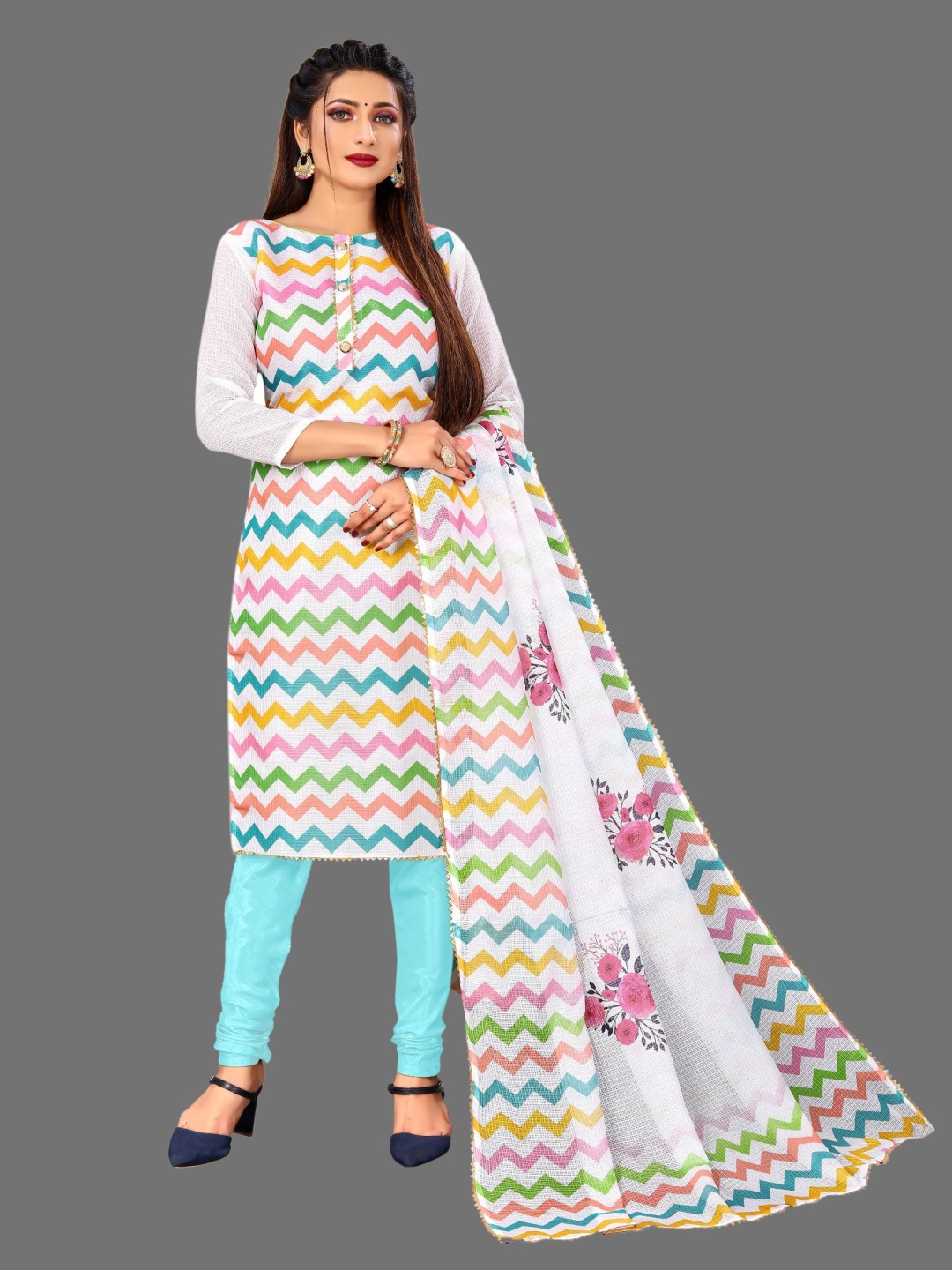 

A TO Z CART Chevron Printed Unstitched Dress Material, Turquoise blue