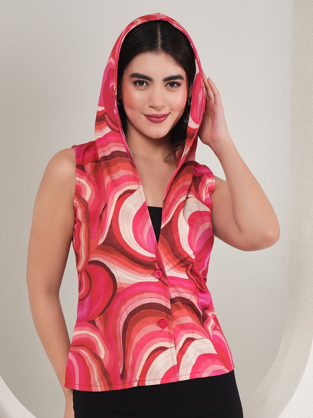 

TANDUL Printed Single-Breasted Hooded Coat, Pink