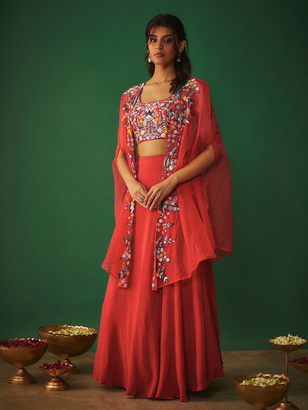 

Mehak Murpana Embroidered Ready to Wear Lehenga & Blouse With Cape, Red