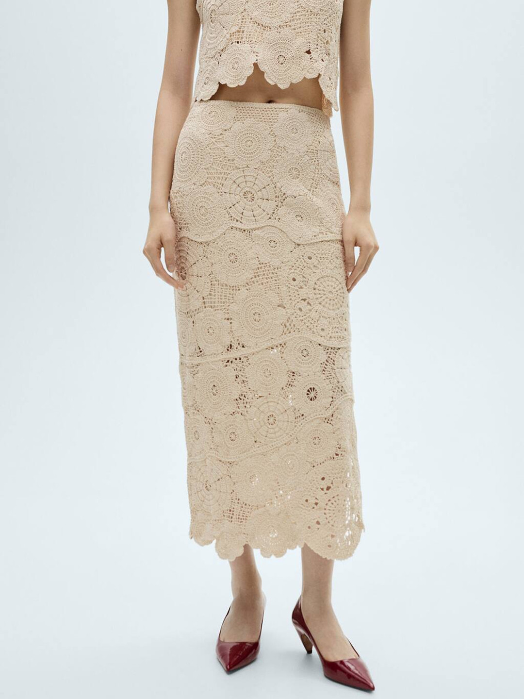 

MANGO Floral Self-Design Pure Cotton Crochet Midi Straight Skirt with Side Slits, Beige