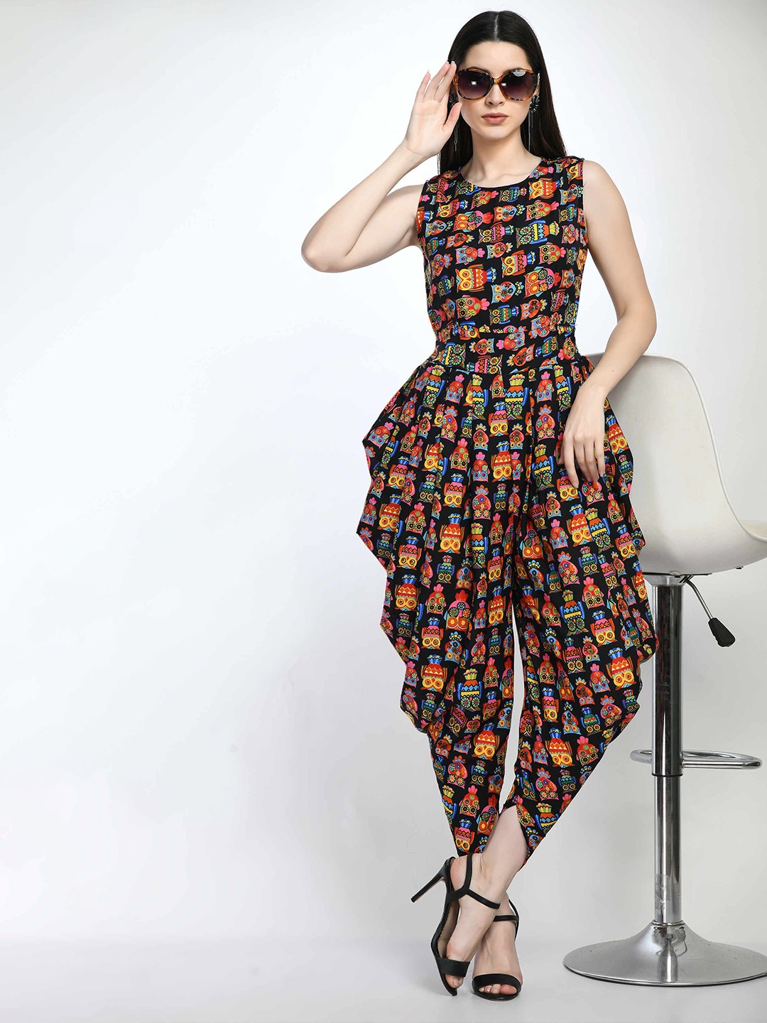 

FLYING FEST Quirky Printed Gathers Basic Jumpsuit, Black