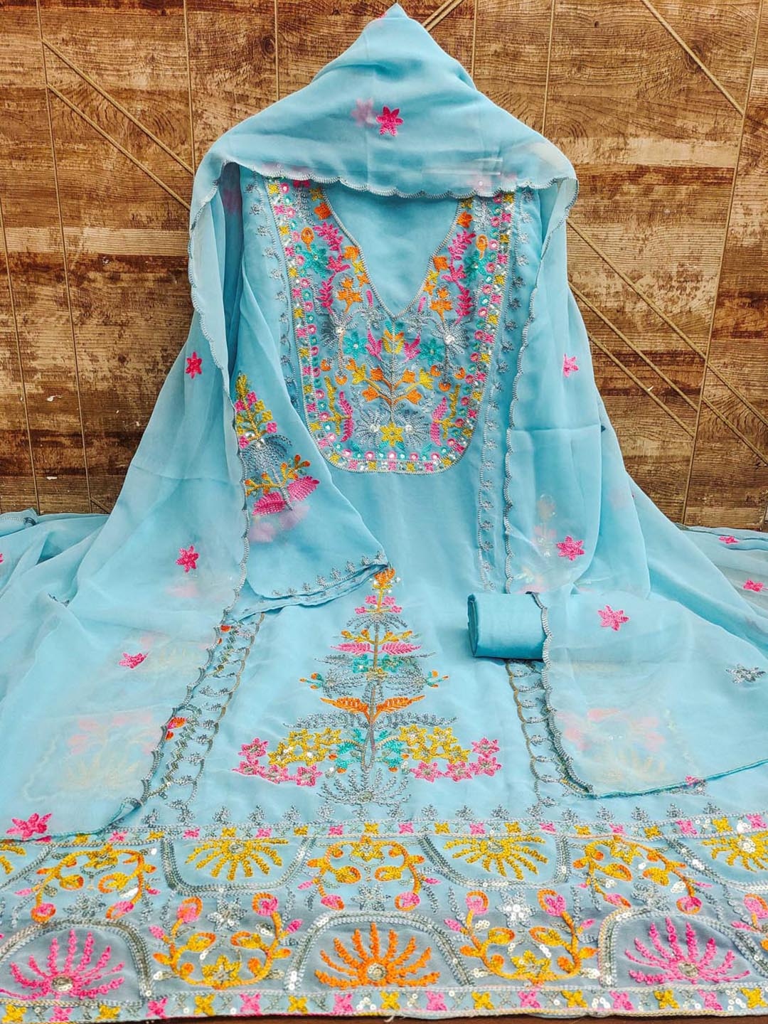 

KALINI Embroidered Silk Georgette Unstitched Dress Material, Blue