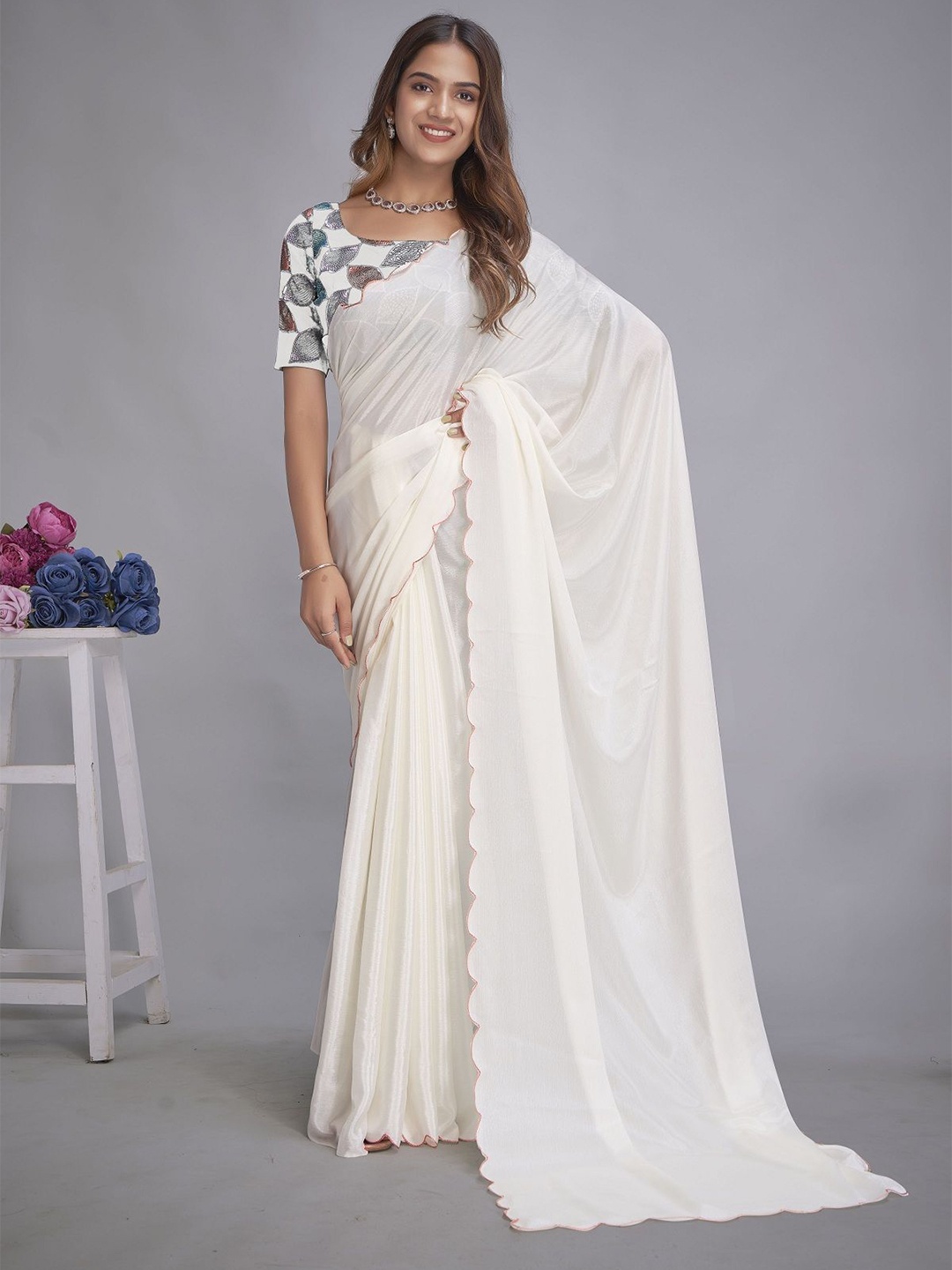 

A TO Z CART Sequinned Pure Chiffon Saree, White