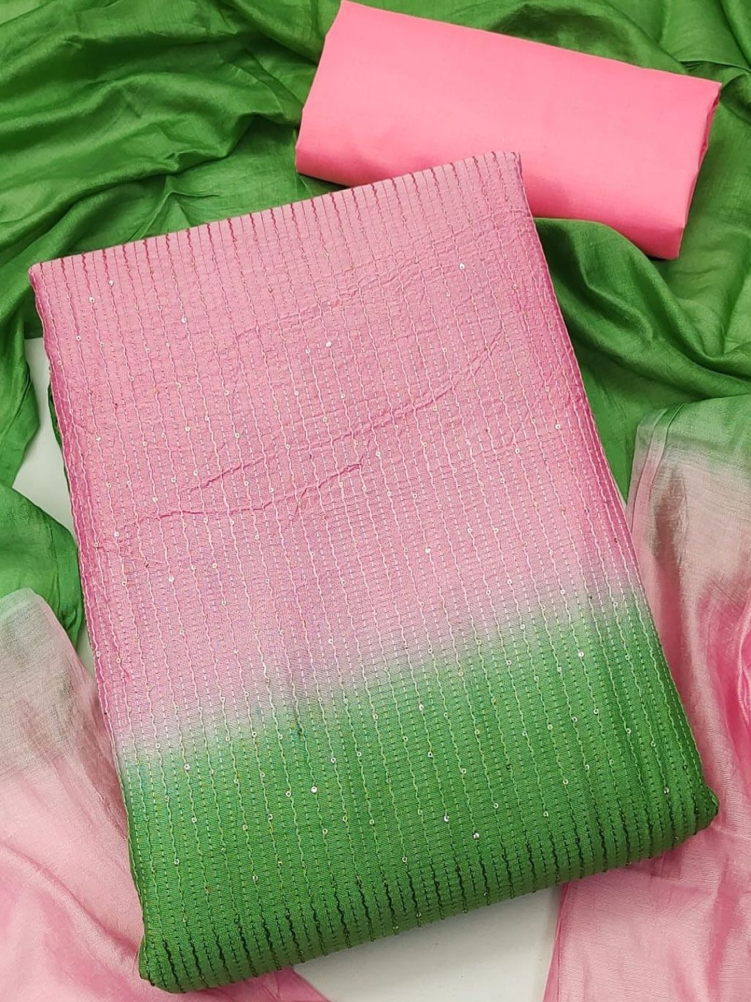 

A TO Z CART Striped Embroidered Unstitched Dress Material, Pink