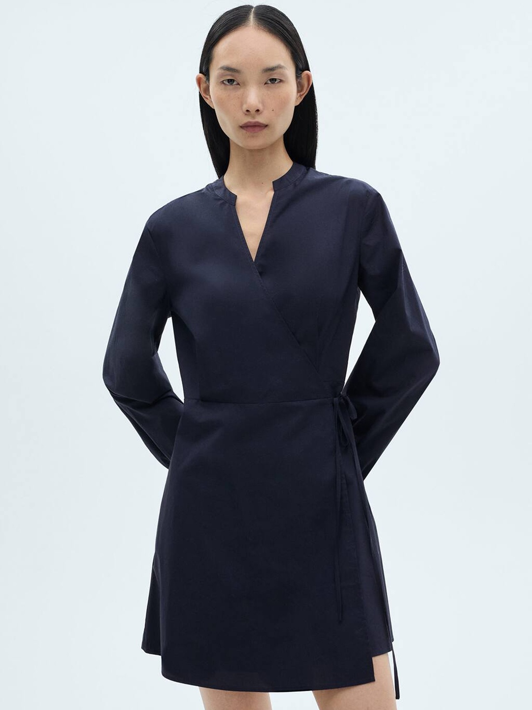 

MANGO Cotton Tie-Up Mini Wrap Dress, Navy blue