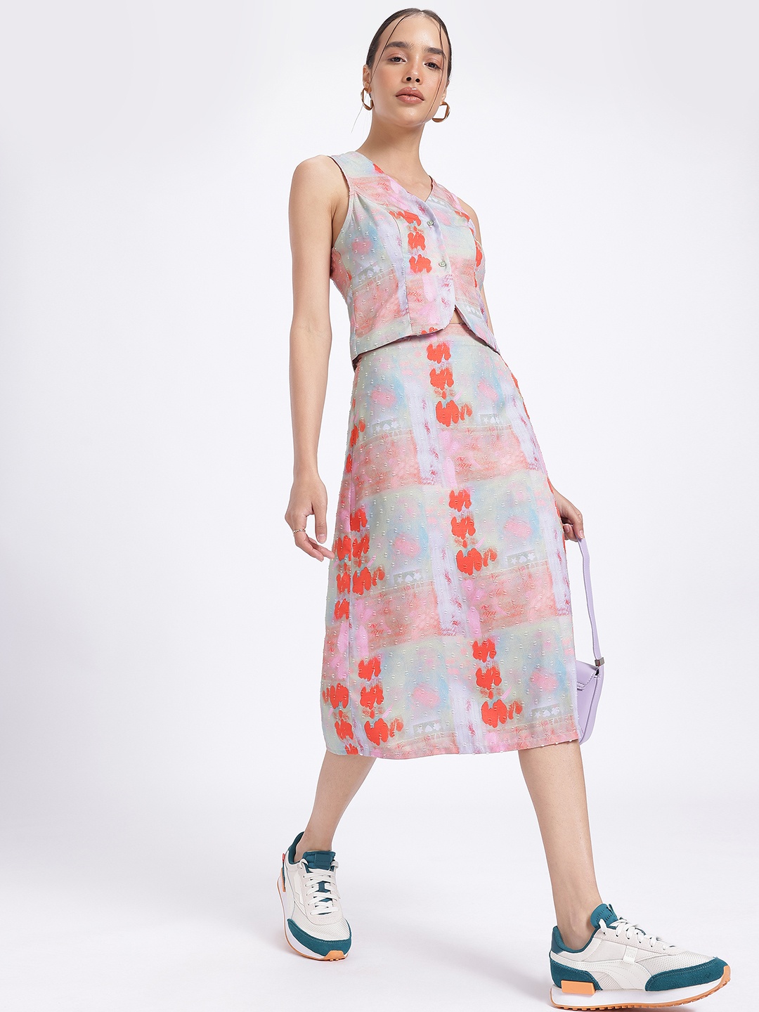

glitchez Abstract Art Dobby Waistcoat-Style Midi Skirt Co-Ords, Multi