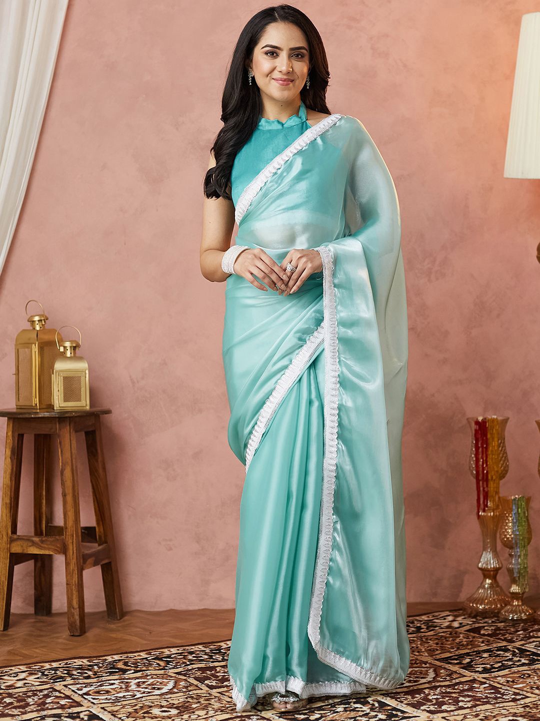 

Mitera Tissue Embellished Saree, Blue