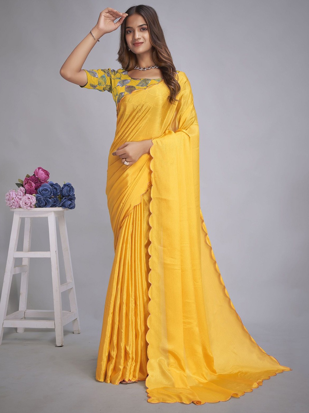 

A TO Z CART Sequinned Pure Chiffon Saree, Yellow