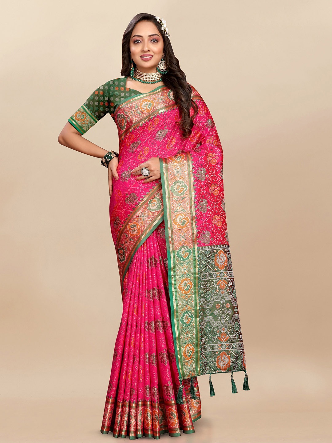 

Upalksh Ethnic Motifs Printed Woven Design Zari Patola Saree, Pink