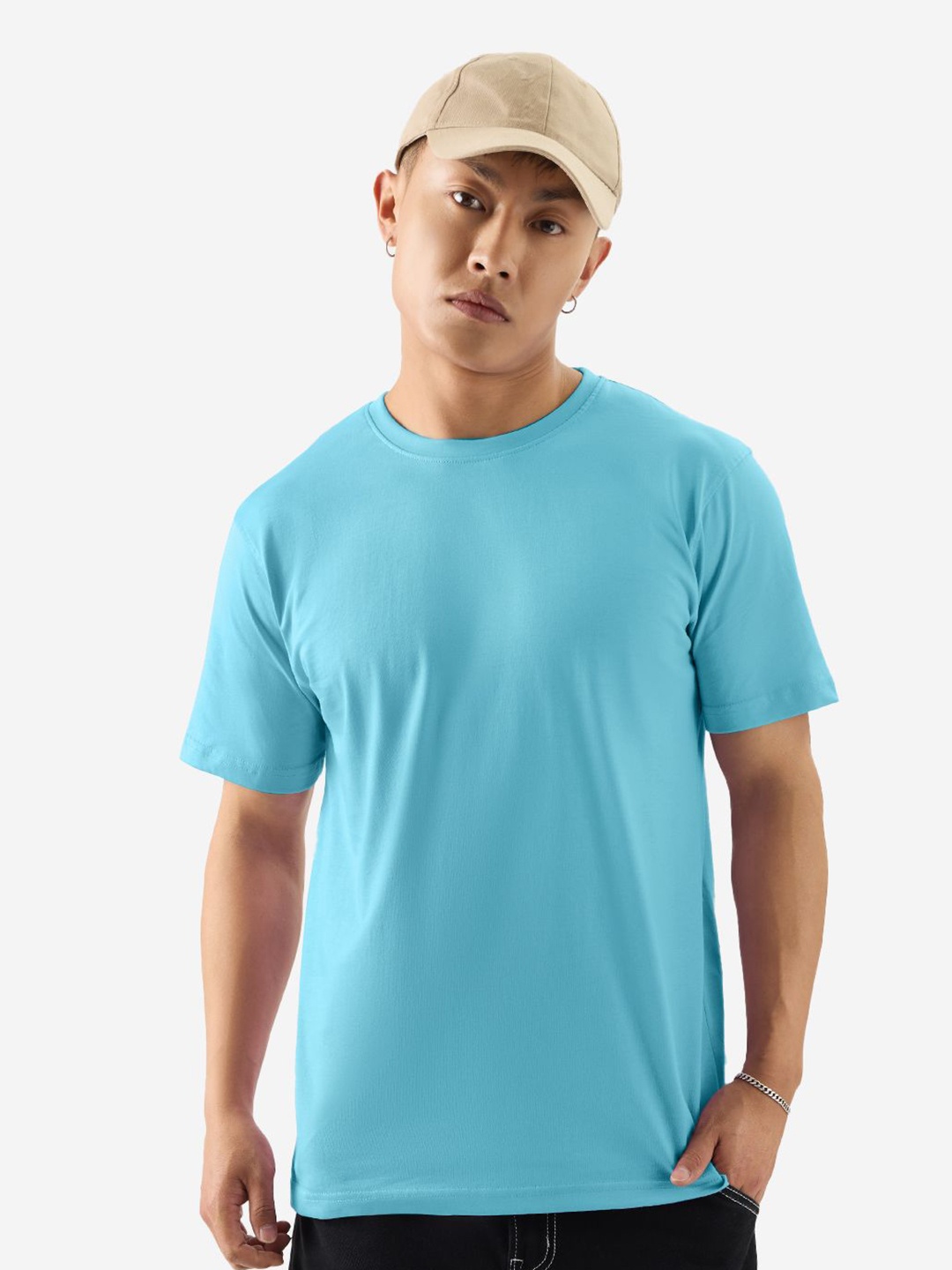 

The Souled Store Men Solid Round Neck Cotton T-shirt, Turquoise blue