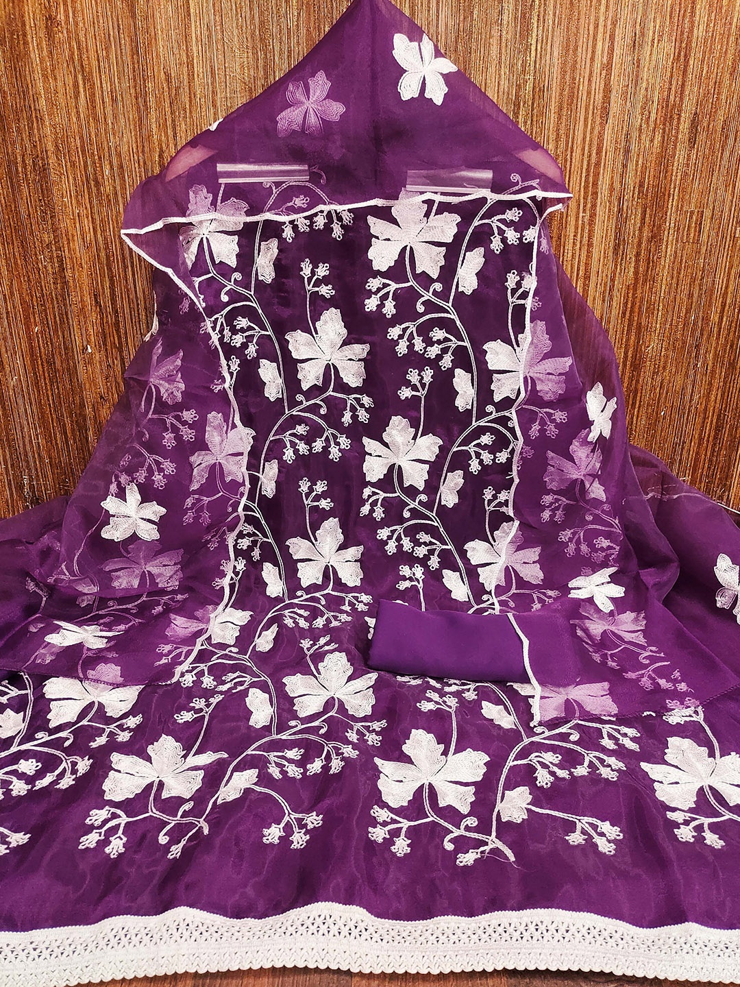 

KALINI Floral Embroidered Organza Unstitched Dress Material, Purple