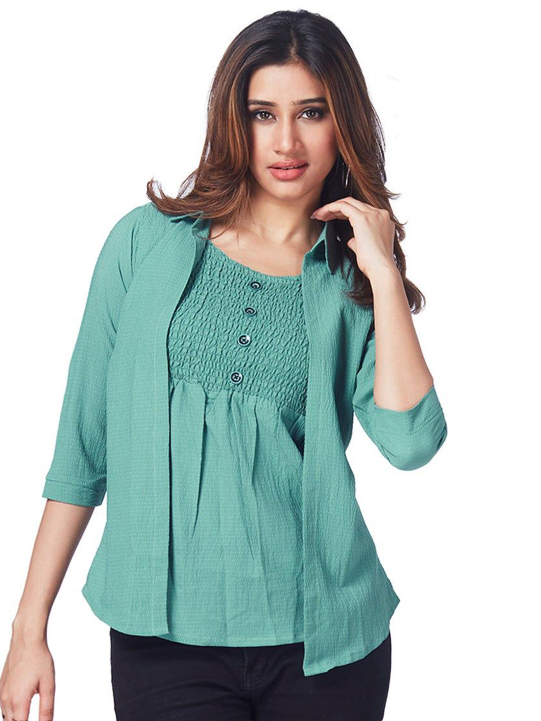 

FREYAA Women Self Design Smocked Shirt Style Top, Green