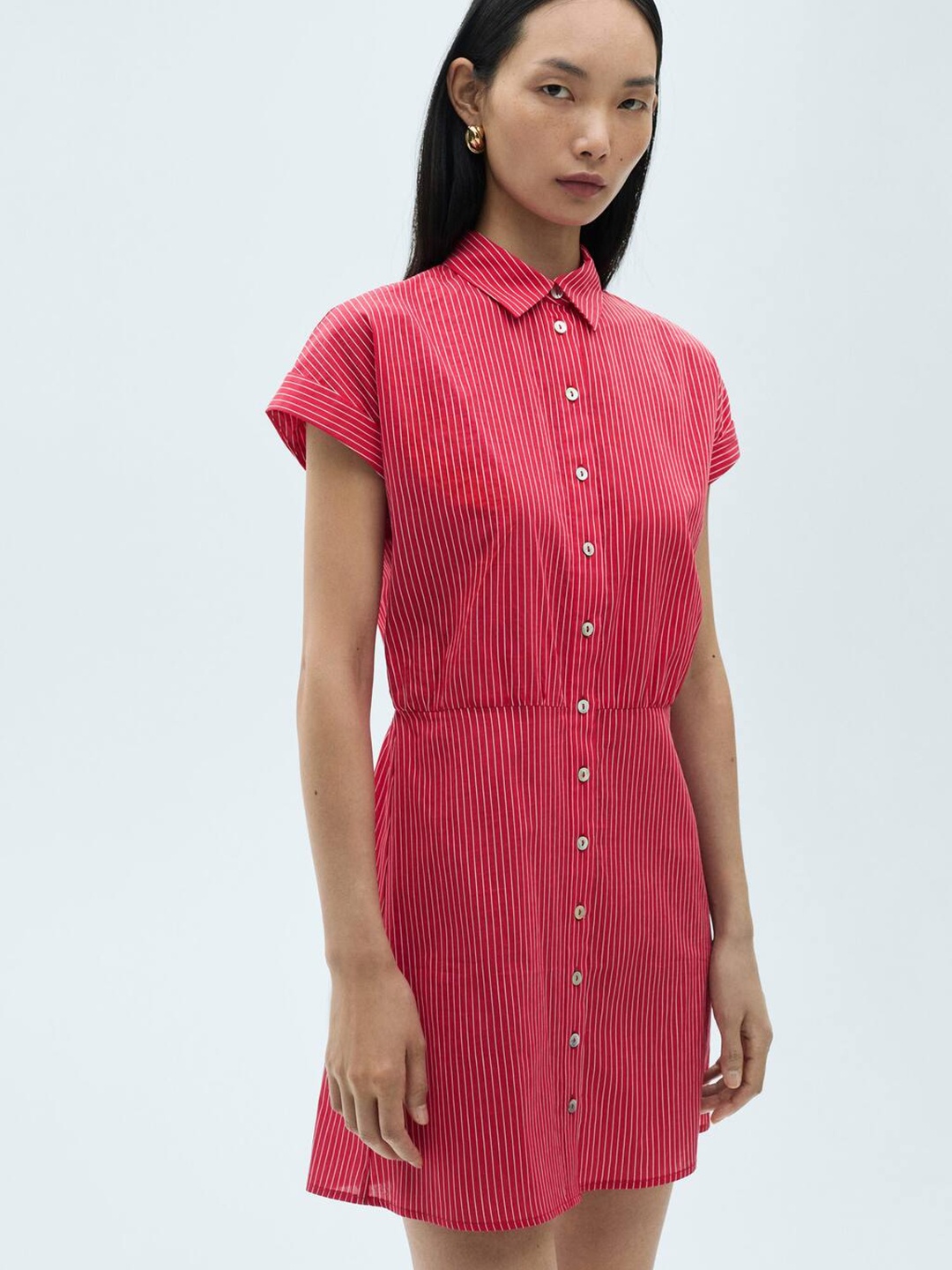 

MANGO Vertically Striped Extended Sleeves Shirt Mini Dress, Pink